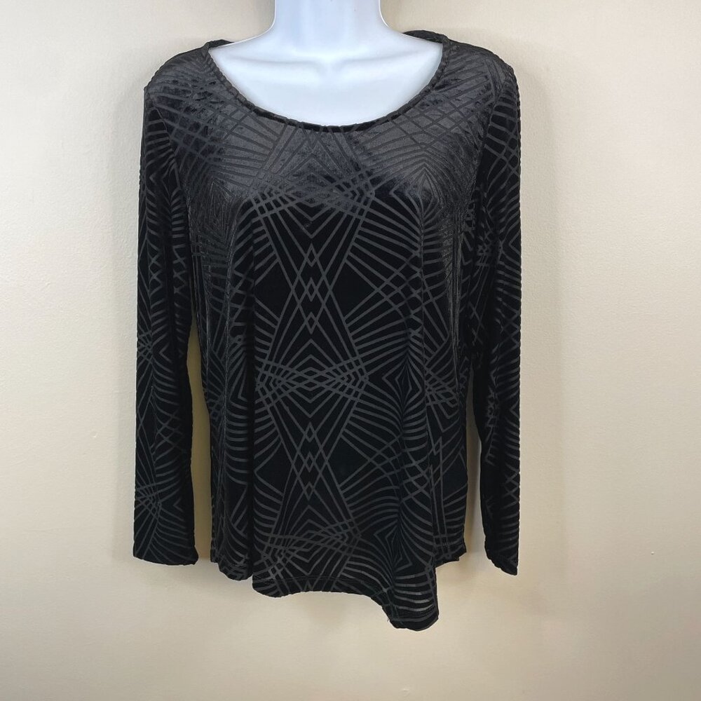 Vintage Womens Velvet Burnout Tunic Top Size PM Black Witchy Asymmetrical Hem